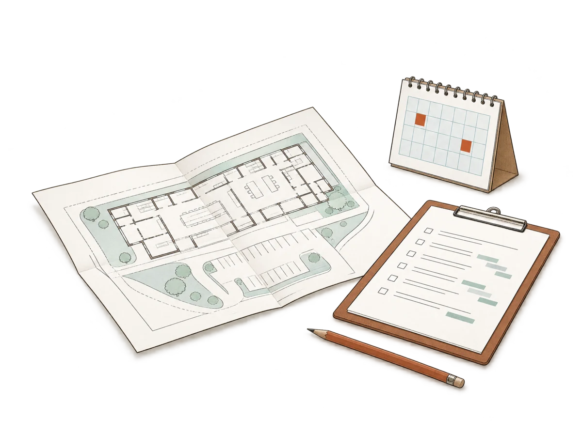 Site plan, delivery checklist and calendar for tender planning